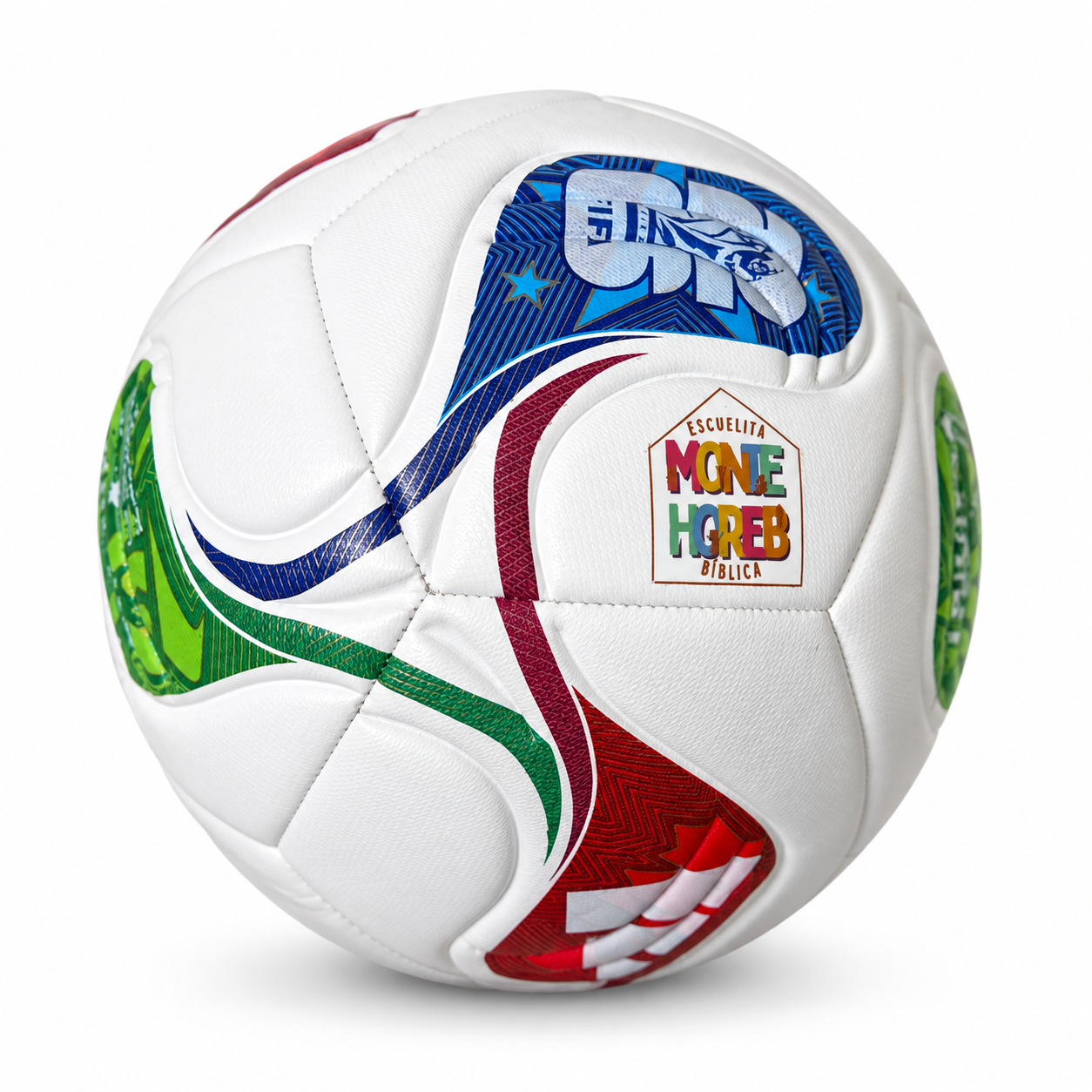 Pelota blanca multicolor con varios logotipos personalizados
