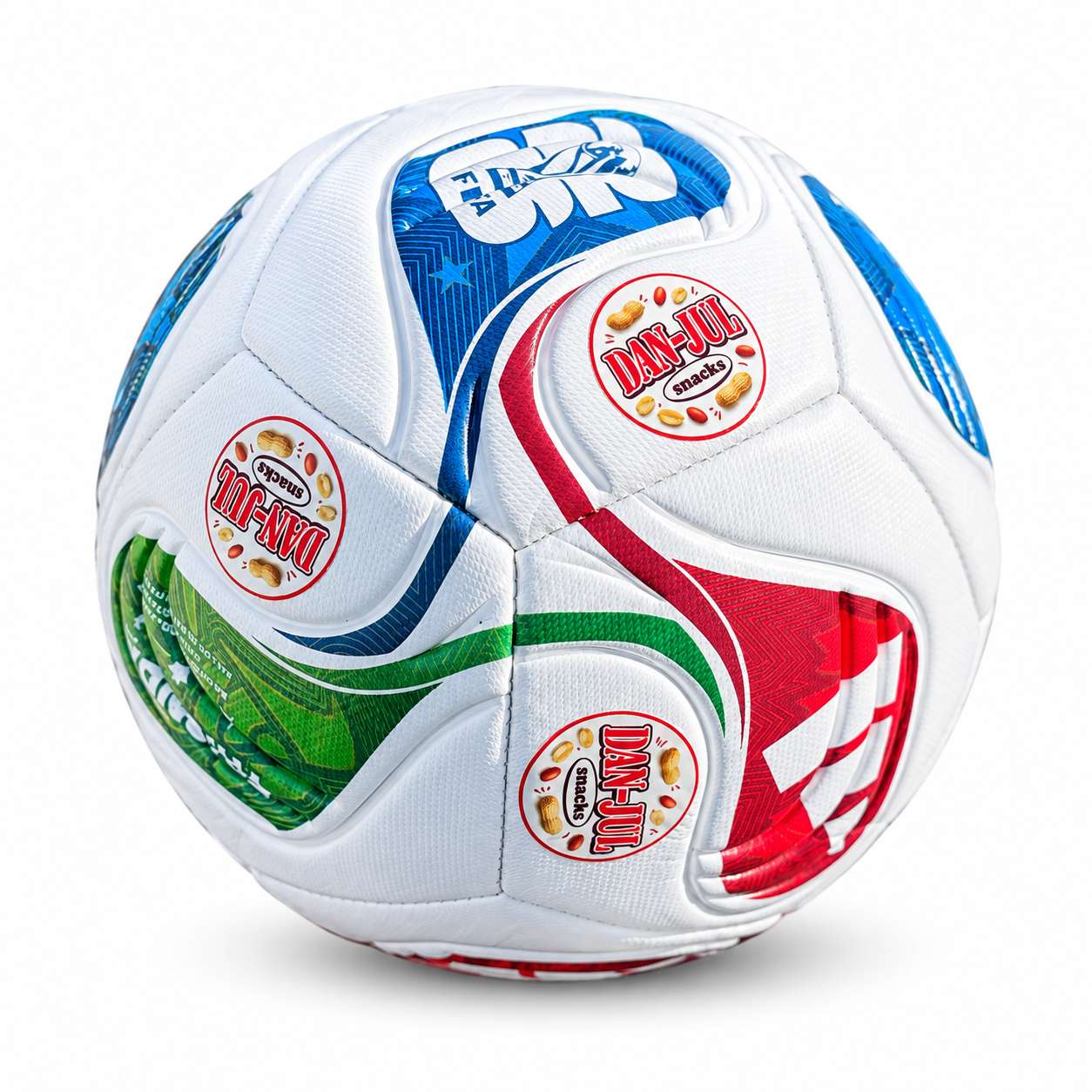 Pelota blanca con franjas de colores y logotipos comerciales
